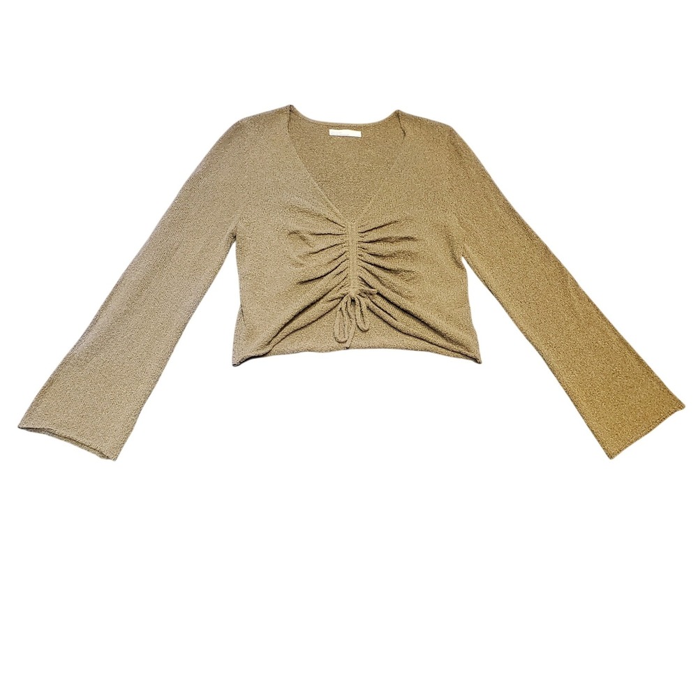 OAK + FORT Bronze Olive Textured Knit Top | Long Sleeve Cropped Drawstring Large